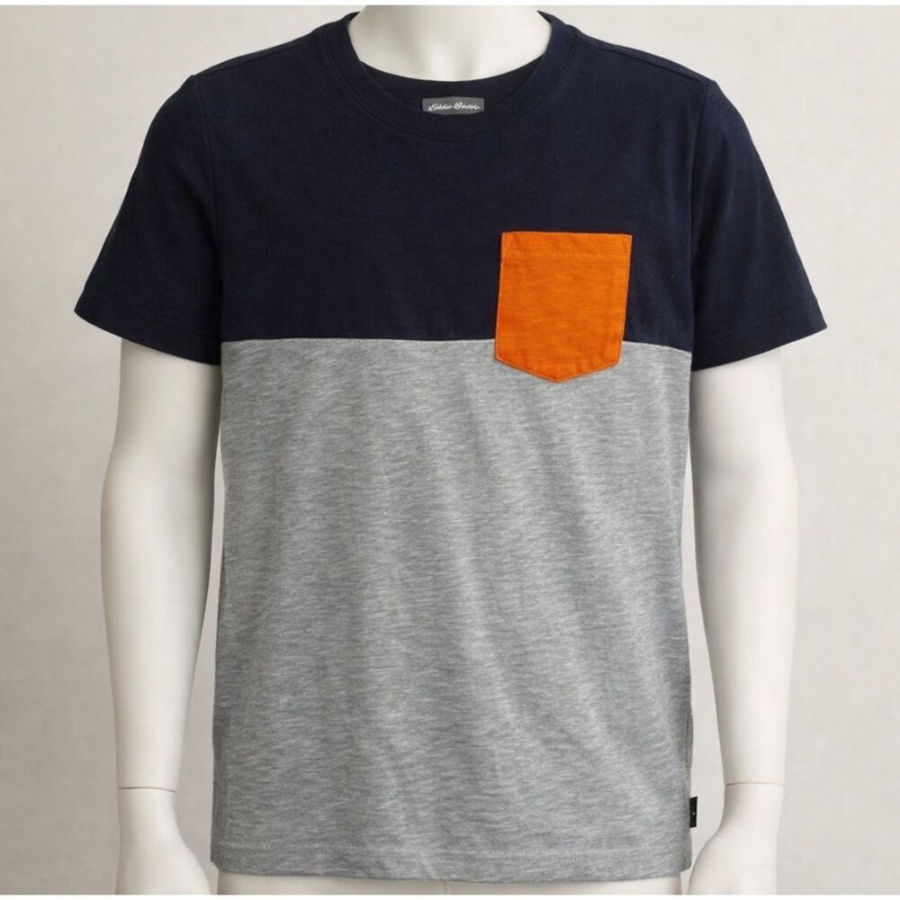Eddie Bauer Boys Short Sleeve T-Shirt M 10-12 Navy Gray Colorblock Orange Pocket